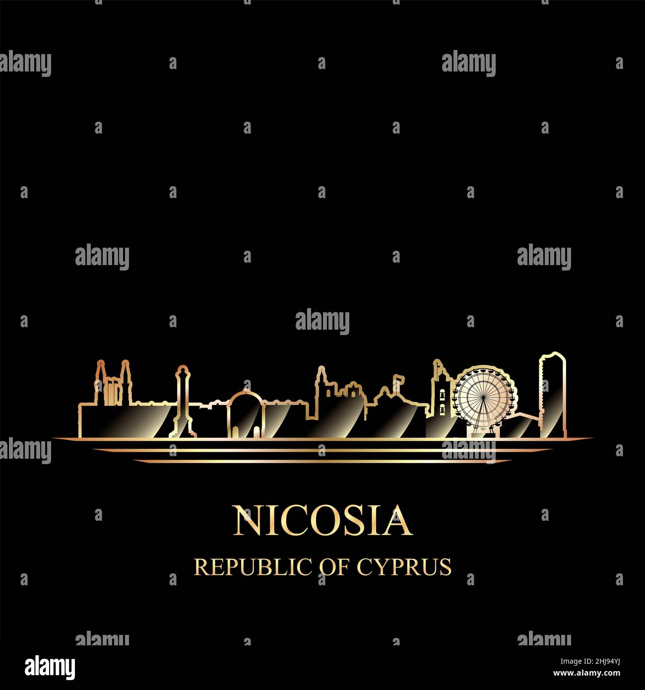 Silhouette dorata di Nicosia su sfondo nero illustrazione vettoriale Foto Stock