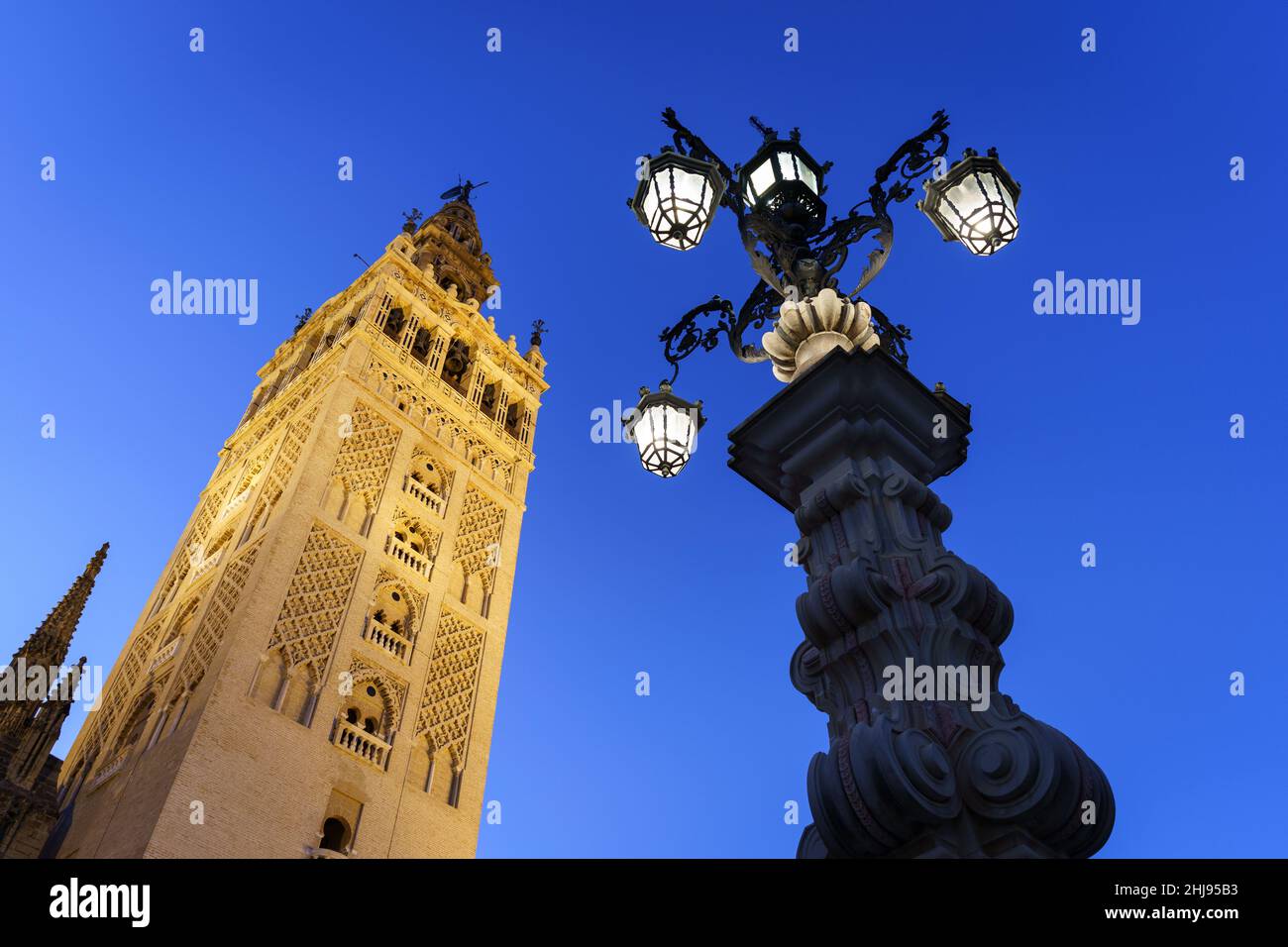 Il famoso campanile Giralda della cattedrale di Siviglia al tramonto in Andalusia la più grande città della Spagna. E' un ex minareto dell'epoca di Moor. Foto Stock