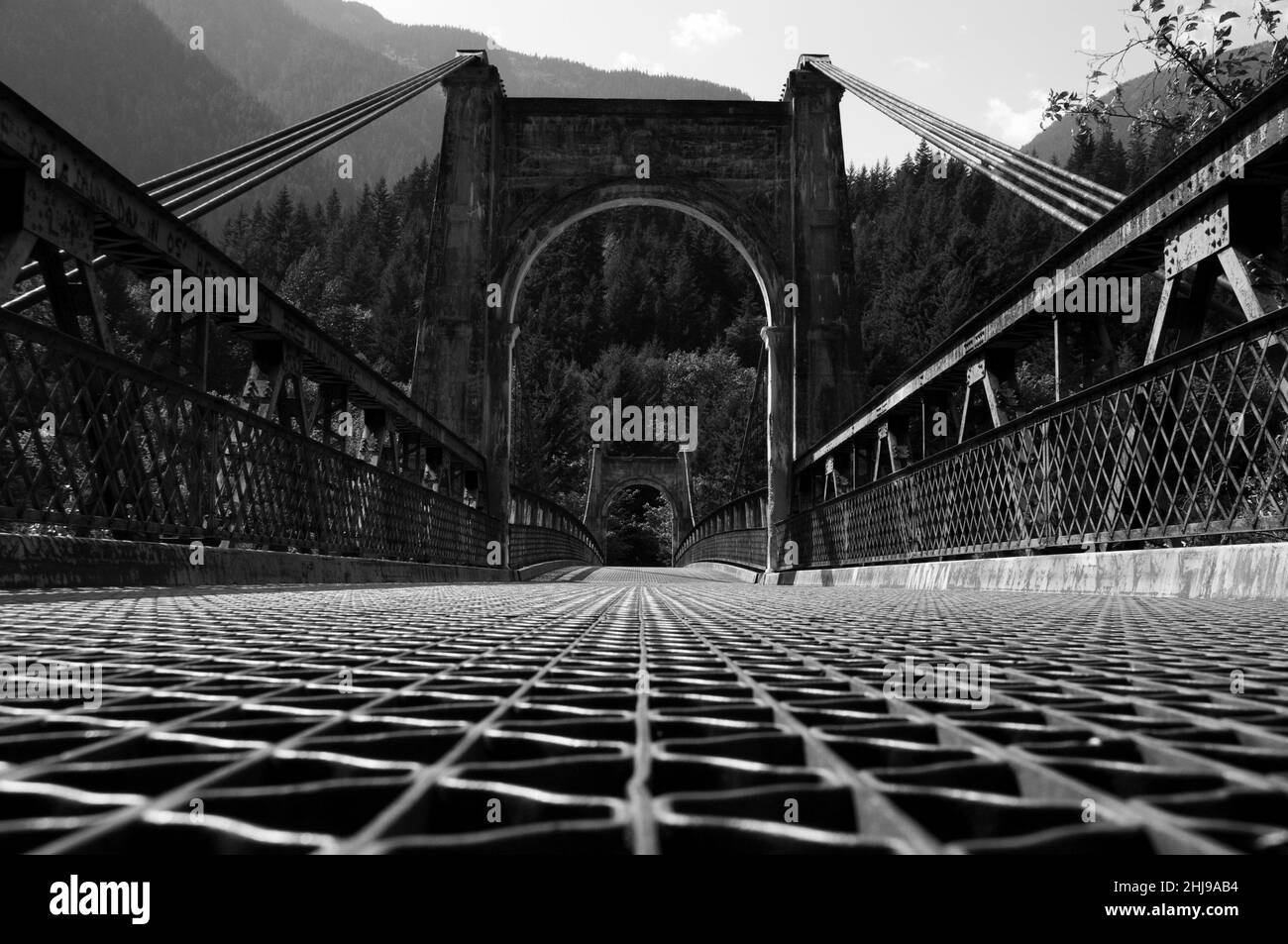 Scatto in scala di grigi del Ponte Alexandra. British Columbia, Canada Foto Stock