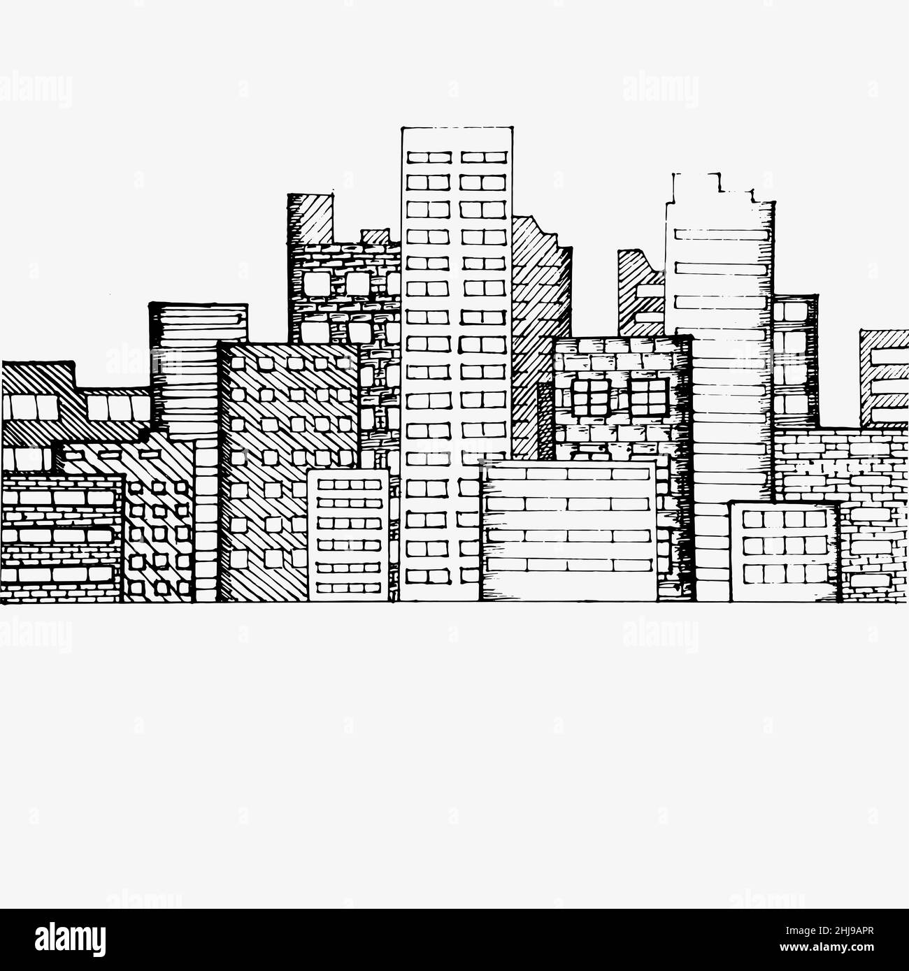 Case cittadine e grattacieli disegnati a mano. Illustrazione Vettoriale