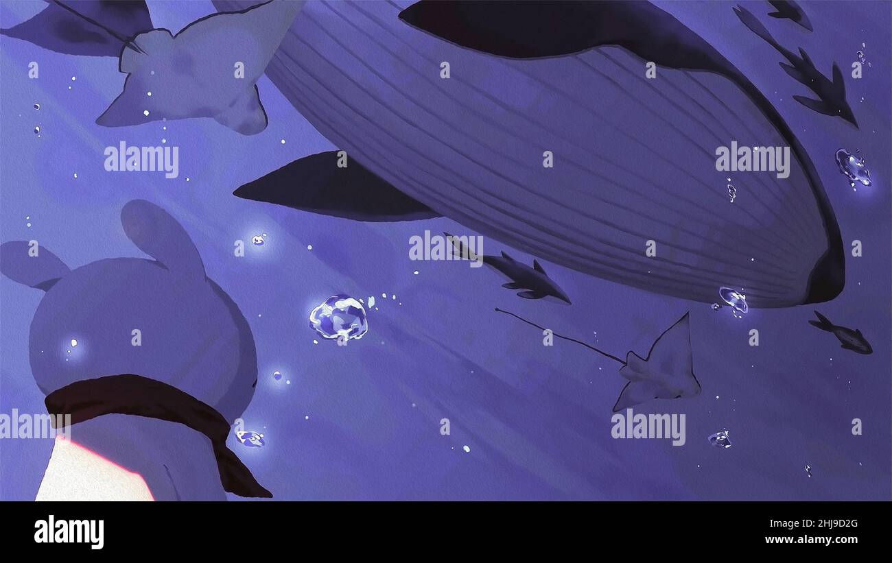 Blu coniglietto avvistamento balena blu, delfini, Whiptail stingray e molti piccoli pesci guardando nel mare blu profondo, bello sfondo mare digitale pittura arte Foto Stock