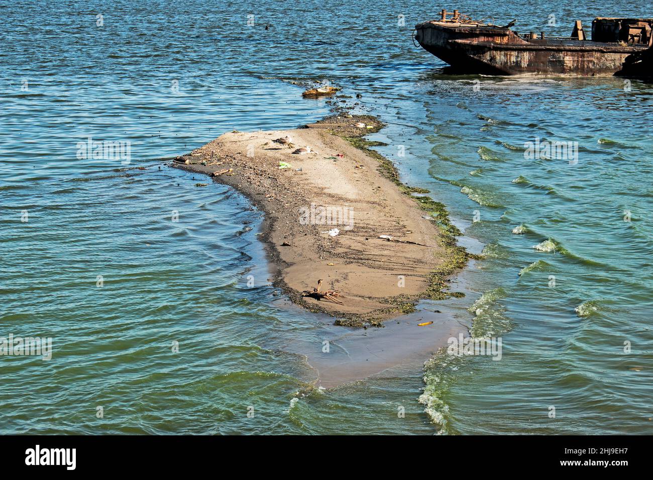 Problemi ecologici del fiume Dnieper. L'isola di recente formazione di rifiuti industriali e rifiuti. Foto Stock