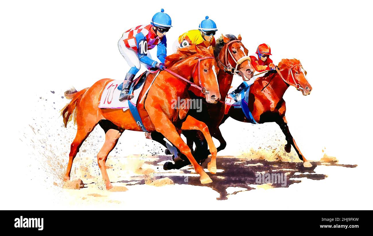 Tre cavalli da corsa in competizione tra loro. Ippodromo. Pista. Equestre. Derby. Sport del cavallo. Illustrazione di pittura di acquerello isolata sopra Foto Stock