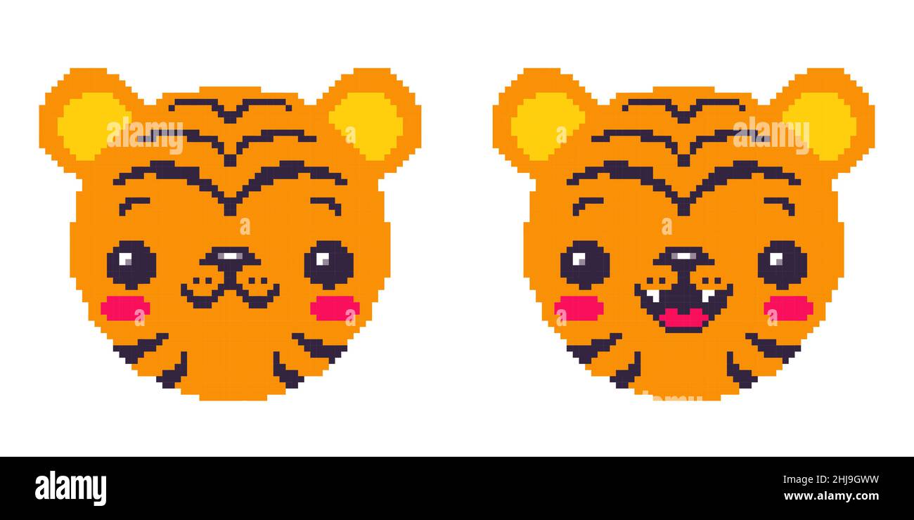 Emblema vettoriale per il nuovo anno del 2022 con testa di una tigre in stile pixel. Icone vettoriali della tigre pixel kawaii per 2022 anni. Tiger emoji per cinese nuovo Illustrazione Vettoriale