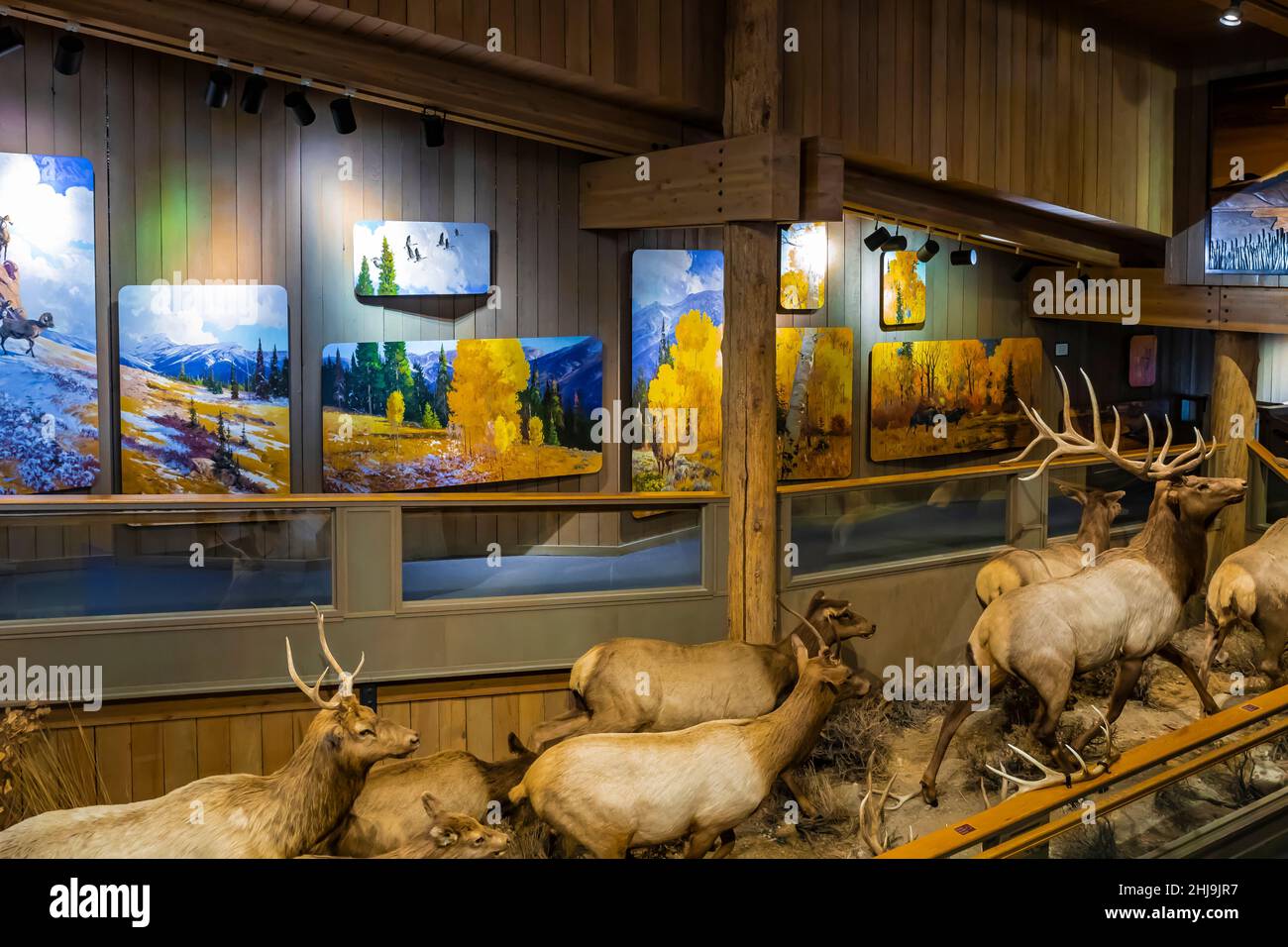 Jackson Hole e Greater Yellowstone Visitor Center sul National Elk Refuge, Jackson, Wyoming, USA [l'immagine include opere protette da copyright; pidocchi editoriali Foto Stock