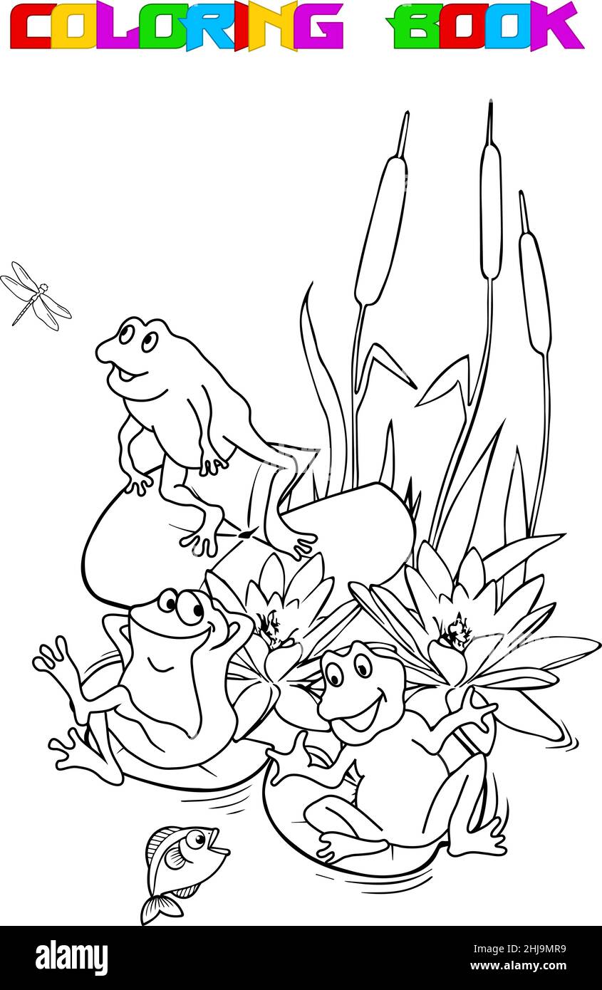 Illustrazione vettoriale con divertenti rane cartoon e gigli d'acqua con contorno bianco e nero. L'illustrazione può essere utilizzata come pagina di un libro da colorare. Illustrazione Vettoriale