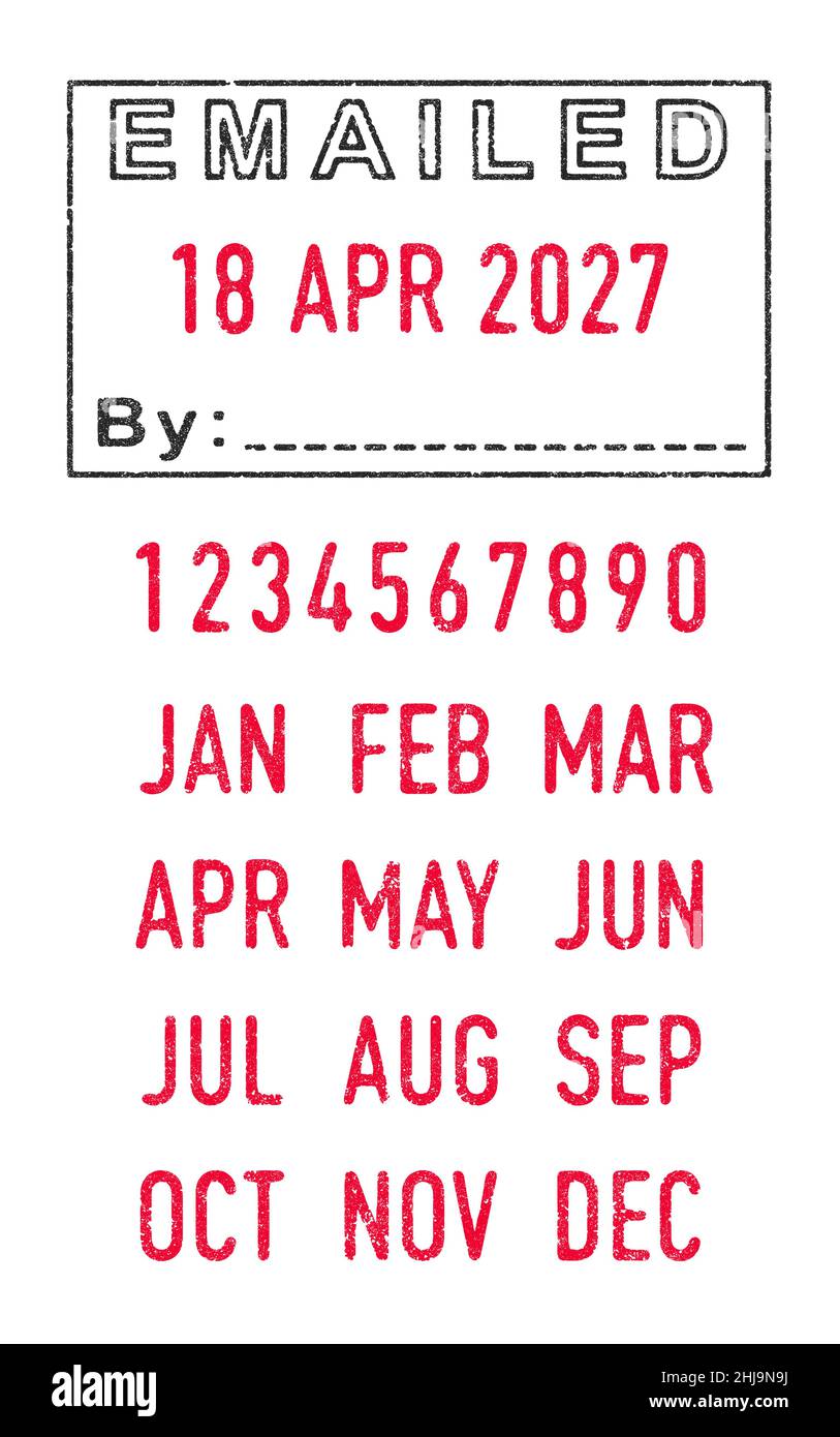 Illustrazione vettoriale del timbro inviato via e-mail e delle date modificabili (giorno, mese e anno) in timbri a inchiostro Illustrazione Vettoriale