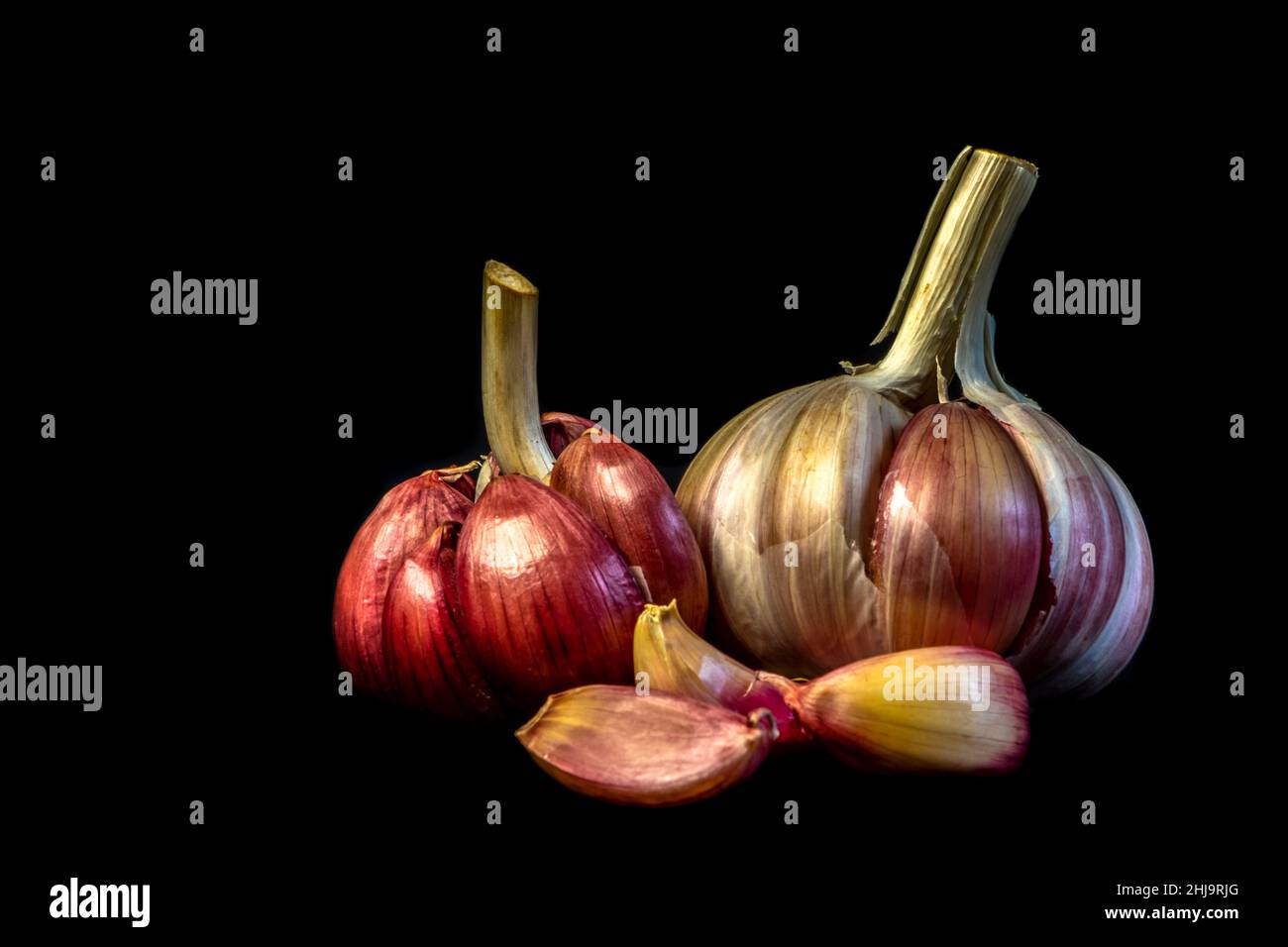 Spicchi d'aglio e bulbo su sfondo scuro in Brasile. Spazio di copia. Foto Stock