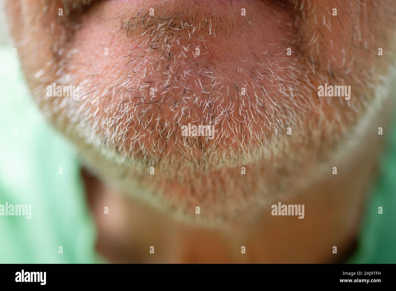 Una foto ravvicinata del mento di un uomo. Sta mostrando la sua stoppia bianca e nera. Foto Stock