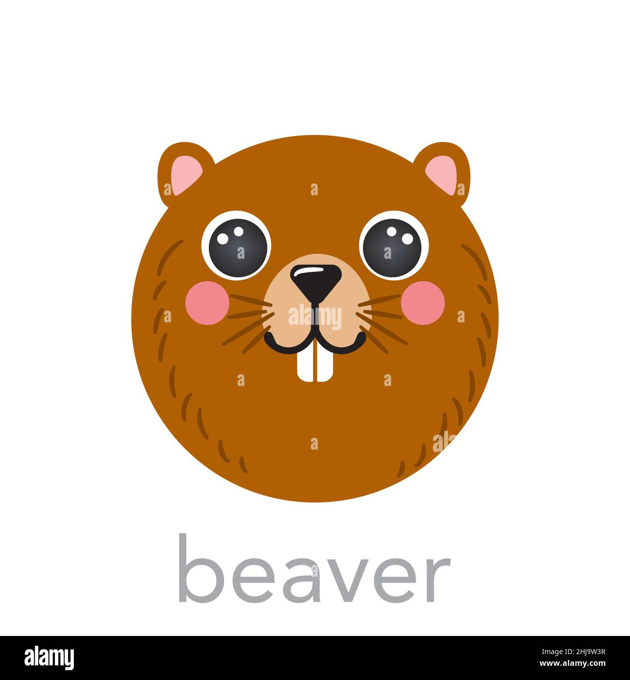Beaver cute ritratto con nome testo sorriso testa cartone animato forma rotonda animale faccia, isolato vettore icone illustrazioni su sfondo bianco. Piatto semplice disegnato a mano per i bambini poster, carte, t-shirt, bambino Illustrazione Vettoriale