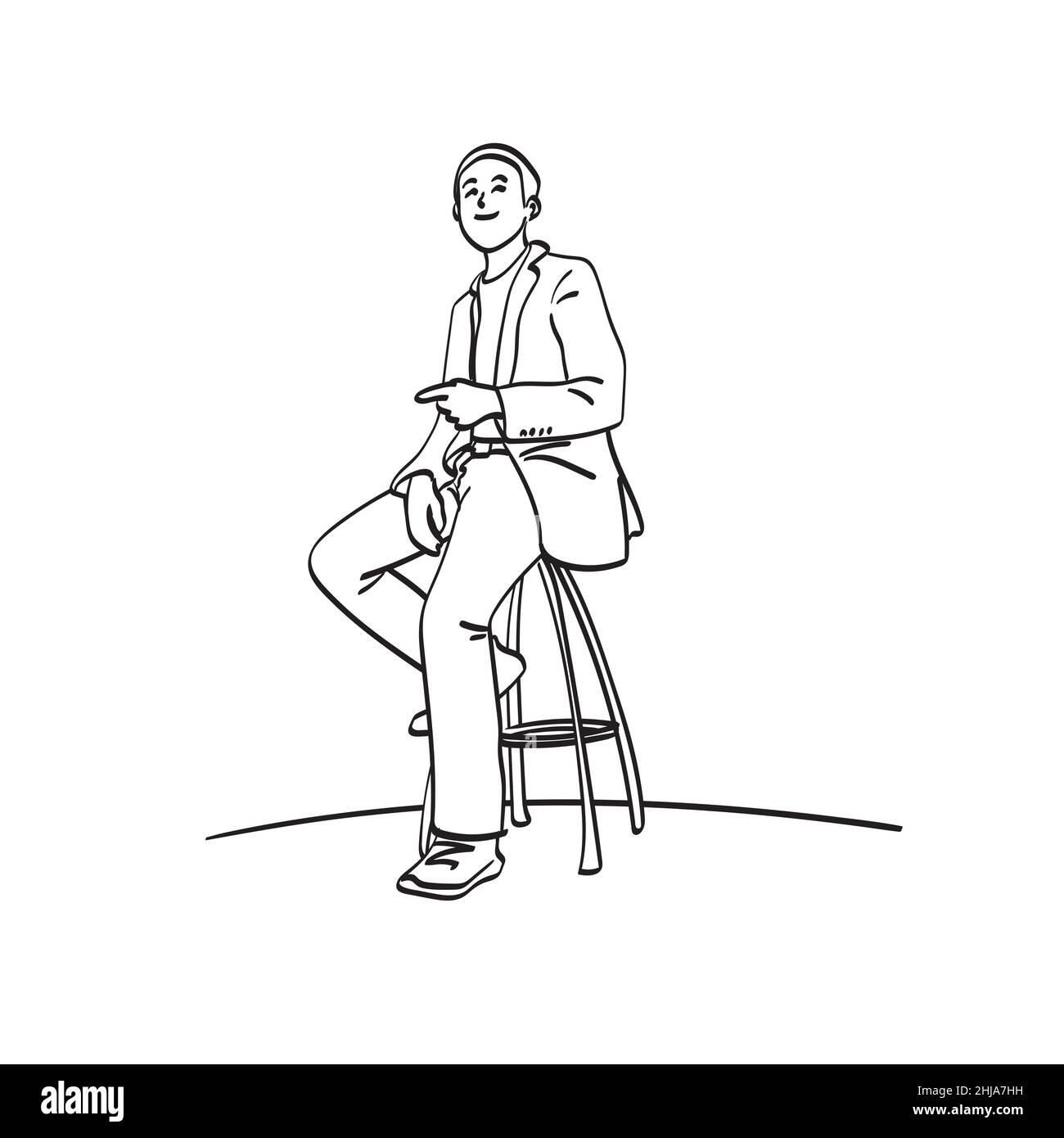 linea uomo d'affari d'arte sulla sedia che punta sullo spazio vuoto per presentare qualcosa vettore di illustrazione disegnato a mano isolato su sfondo bianco Illustrazione Vettoriale