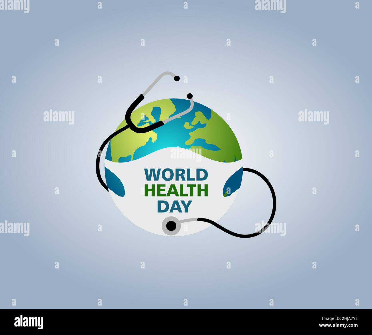 Illustrazione del poster della Giornata Mondiale della Sanità, è una giornata globale di consapevolezza della salute che viene celebrata ogni anno, con il concetto di stetoscopio di un medico. Illustrazione Vettoriale