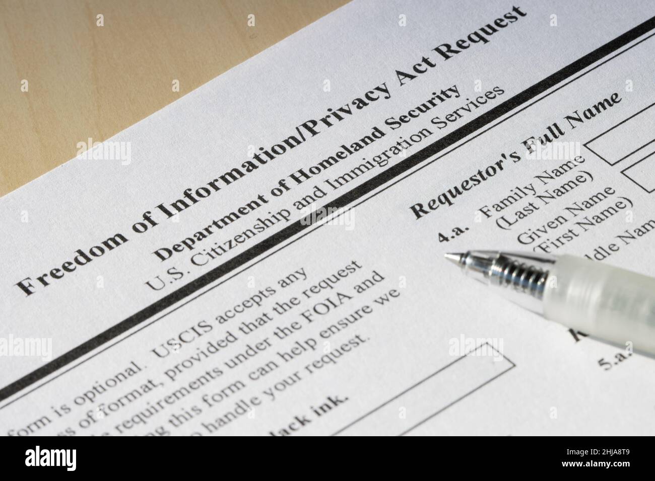 Primo piano del modulo G-639, libertà di informazione Privacy Act Request. Concetto di richiesta FOIA. Foto Stock