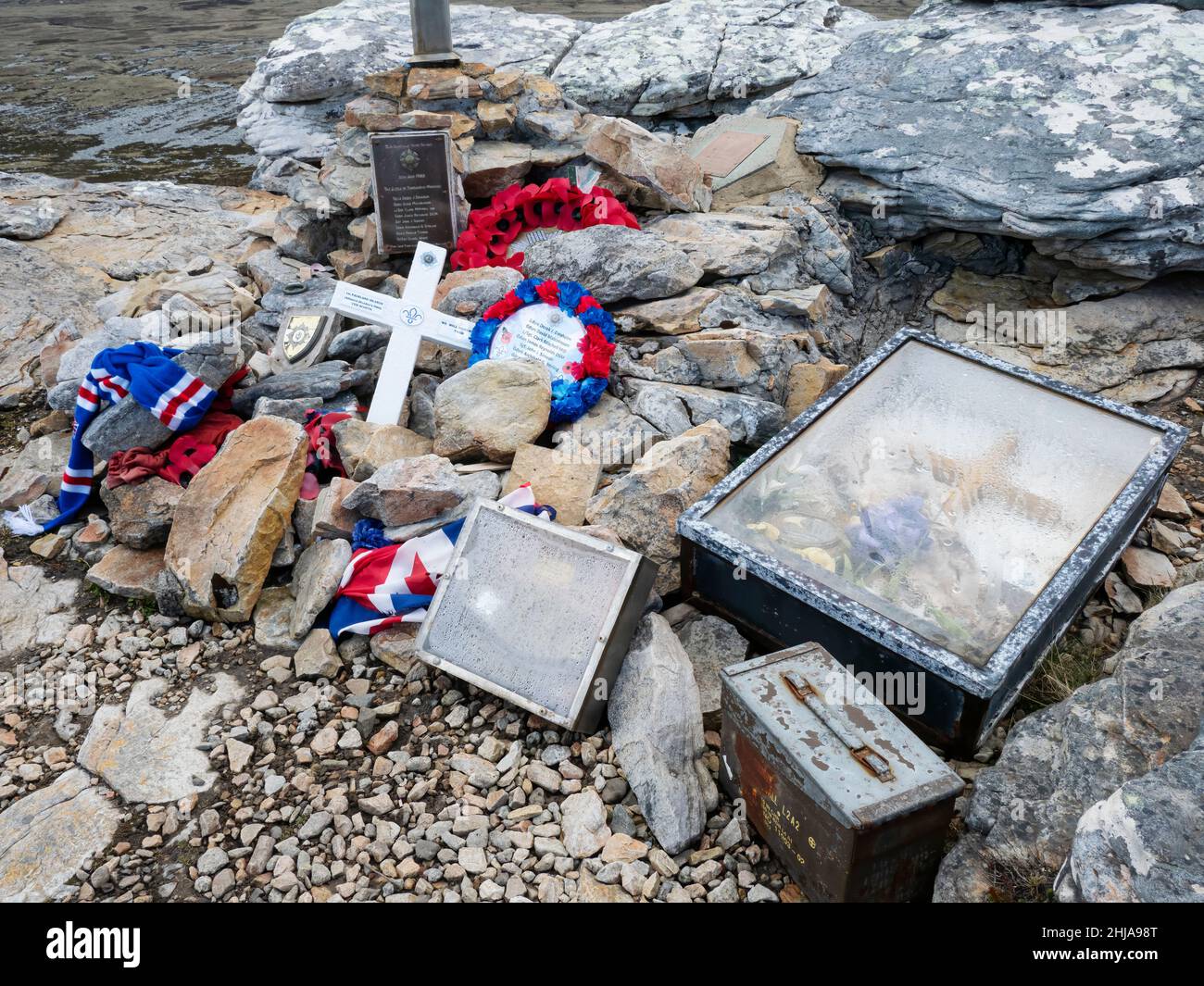 Scots Guard Memorial per la battaglia di Tumbledown Mountain il 14 giugno 1982, Stanley, Falklands. Foto Stock