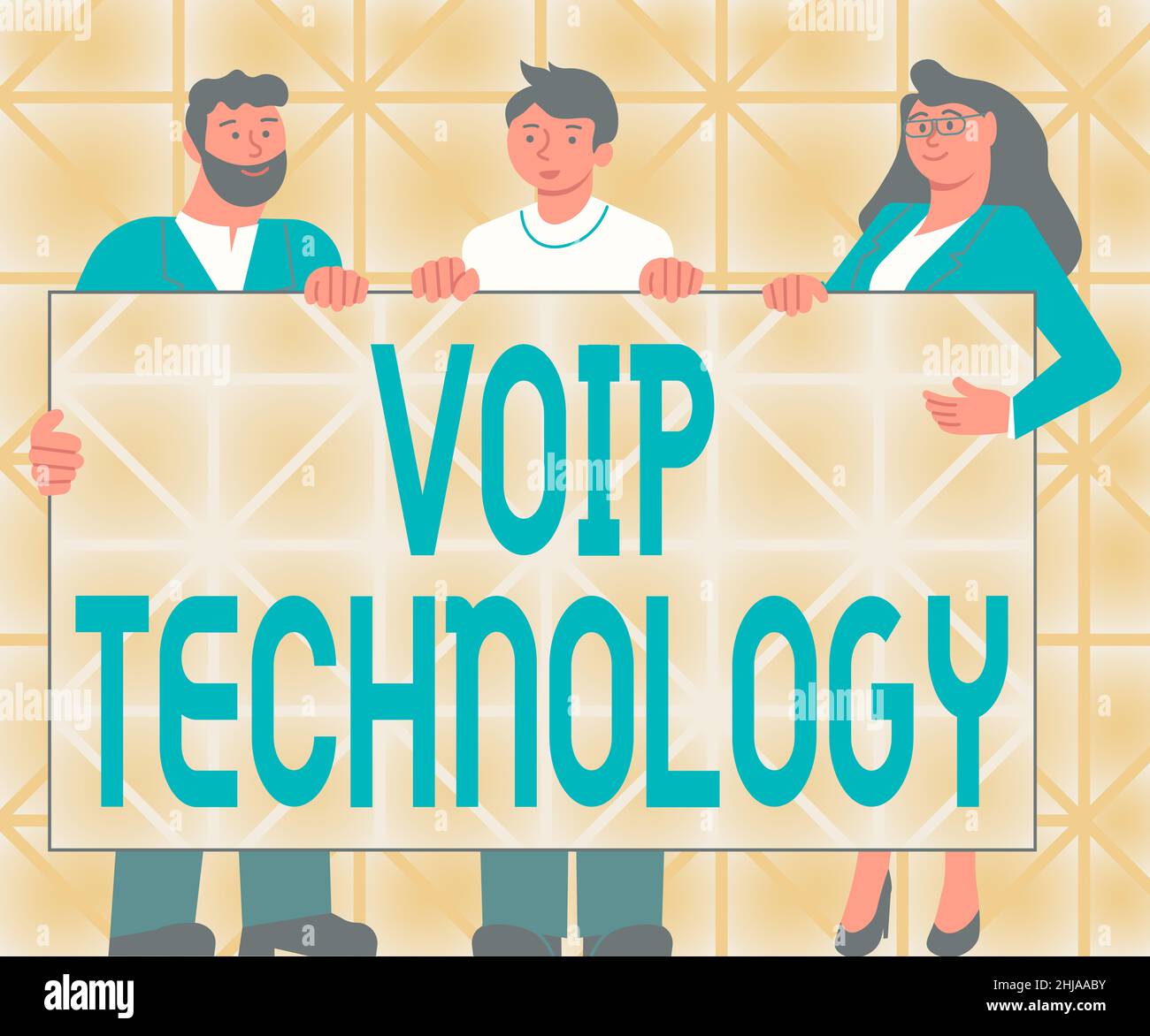 Didascalia di testo che presenta la tecnologia VoIP. Internet Concept utilizzare Internet come mezzo di trasmissione per le chiamate telefoniche tre colleghi in attesa Foto Stock