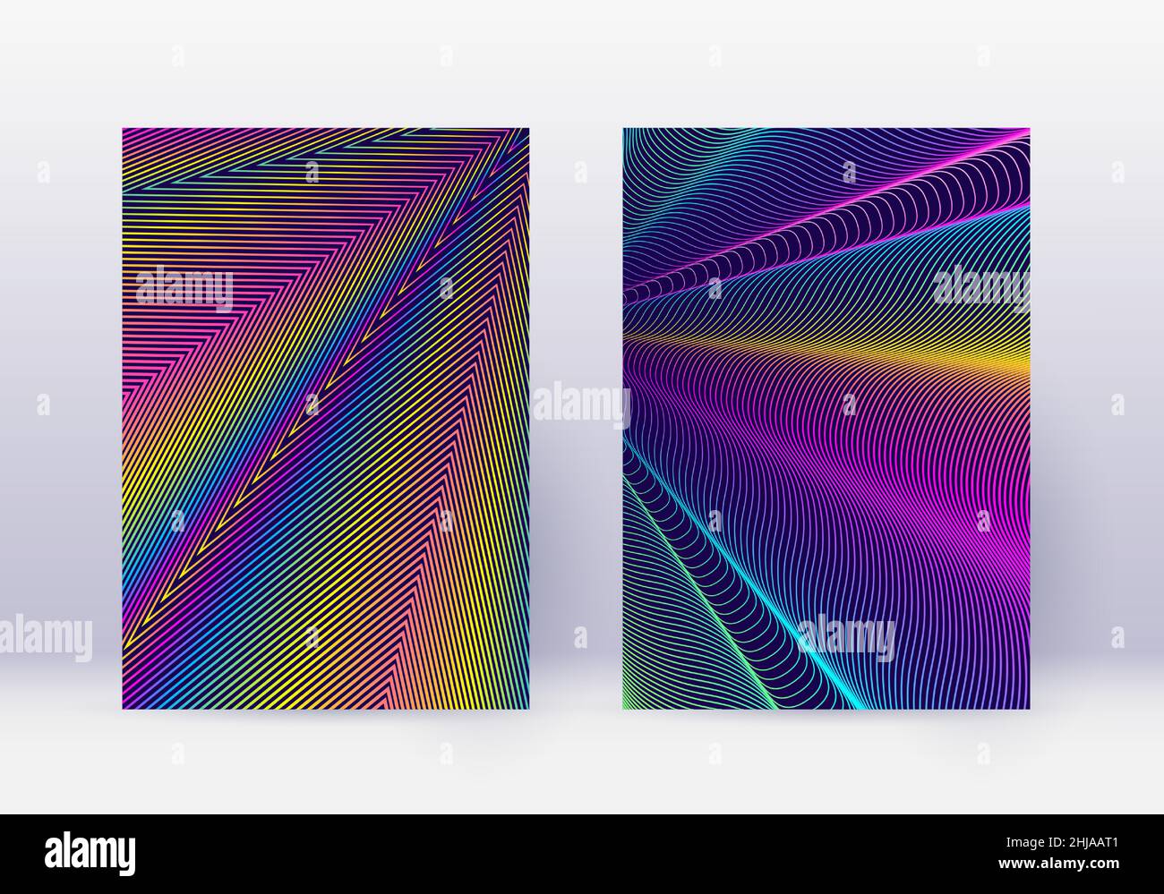 Set di modelli per il design della copertina. Linee astratte disposizione moderna della brochure. Rainbow vibrante emitoni gradienti su sfondo blu scuro. Meraviglioso opuscolo, Cata Illustrazione Vettoriale