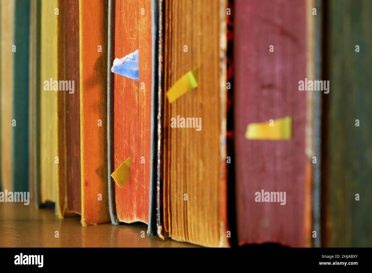 Una fila di libri, un primo piano di pagine, e segnalibri. Letteratura concetto. Profondità di campo poco profonda. Foto Stock
