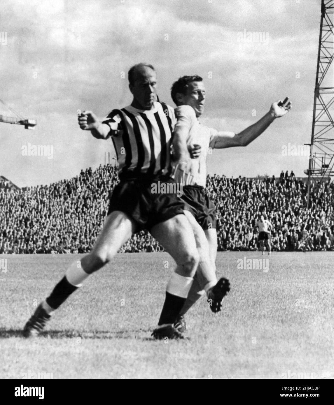 Newcastle United / Southampton. Newcastle metà sinistra, Jim Iley, si scontra con Southampton Inside-Right, o'Brien, durante la partita al St James's Park. 29th agosto 1964. Foto Stock