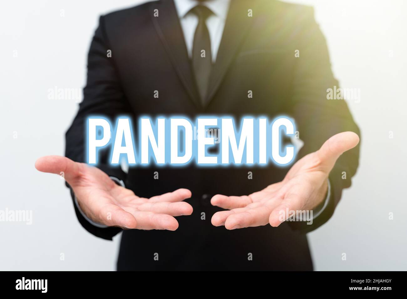 Scrittura visualizzazione testo Pandemic. Parola scritta sul verificarsi su una vasta area che colpisce una percentuale elevata di popolazione che presenta nuovi piani e idee Foto Stock