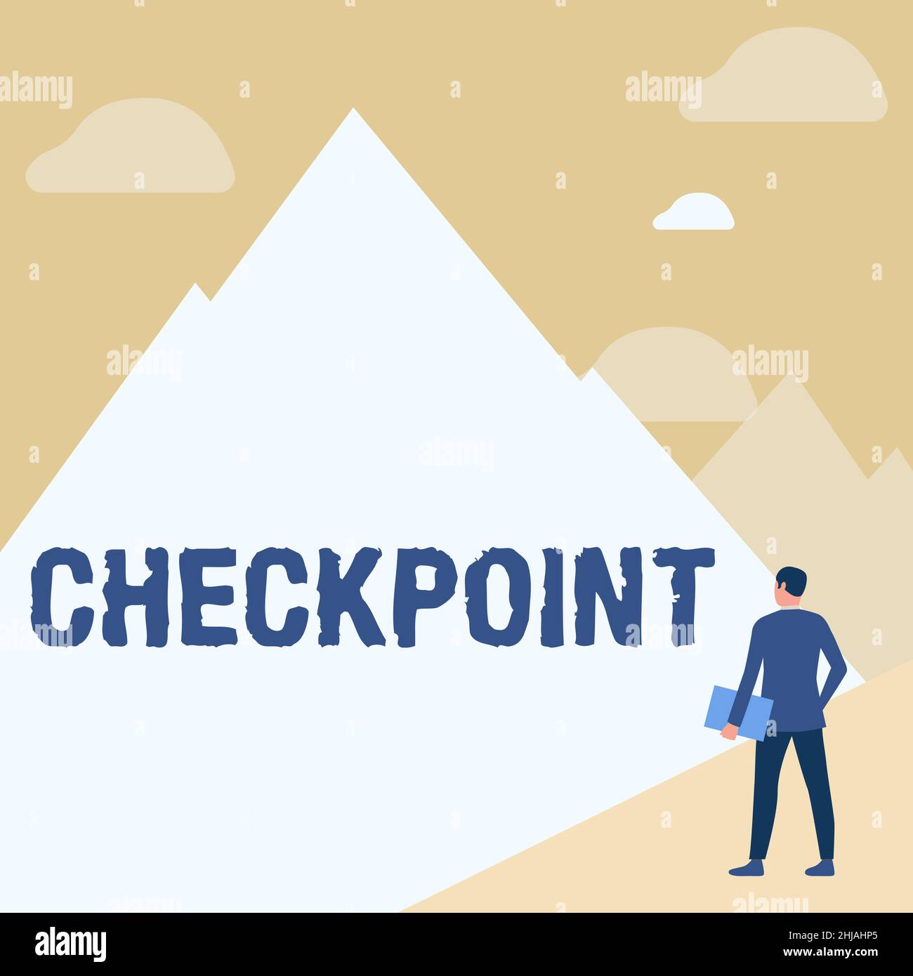 Segno di testo che mostra il Checkpoint. Business Concept presidiato ingresso, dove i viaggiatori sono soggetti a controlli di sicurezza Gentleman in Suit Standing Holding Foto Stock