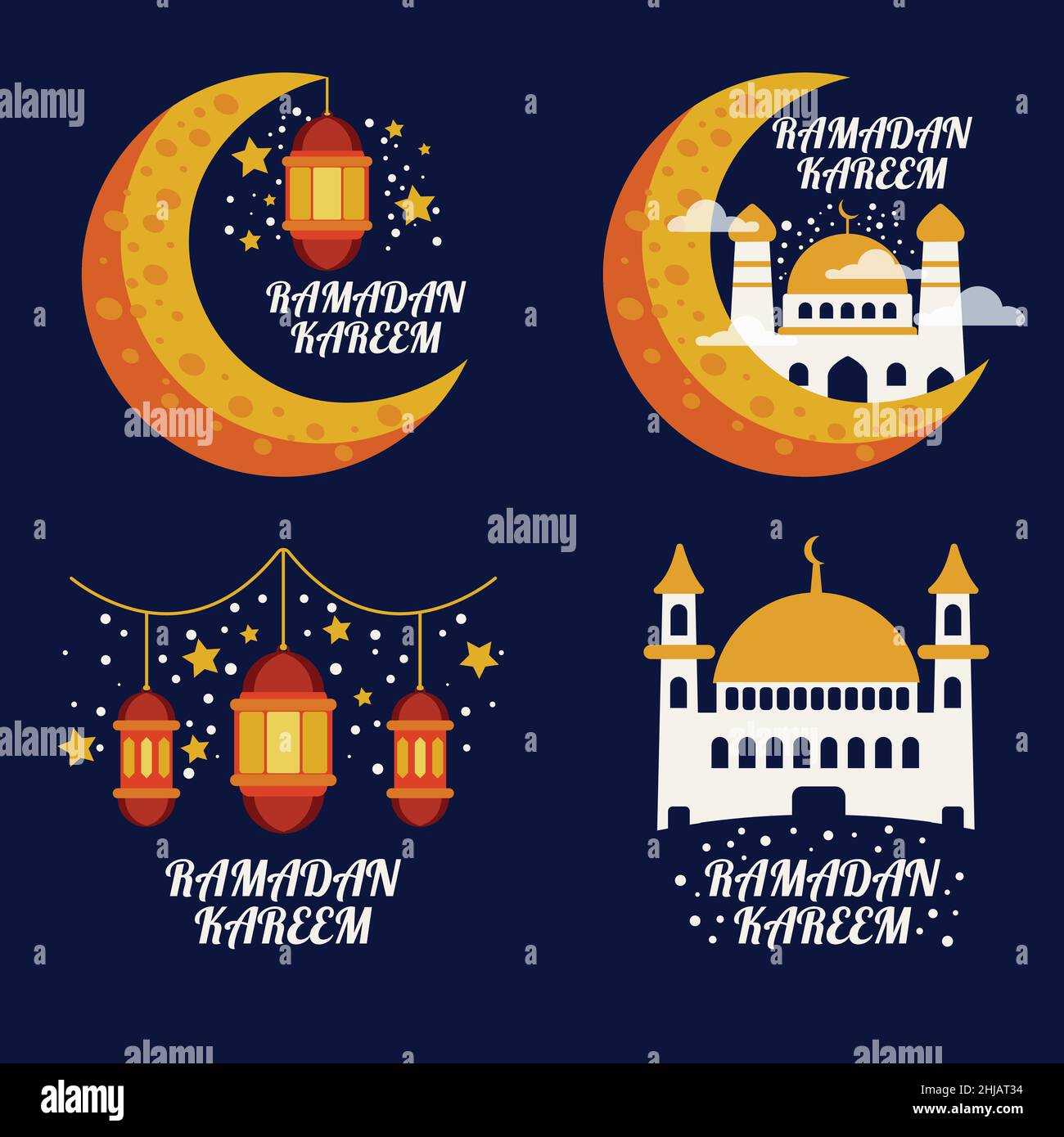 Un set di badge o etichette con sfumature islamiche per le celebrazioni Ramadan, disegno vettoriale Illustrazione Vettoriale