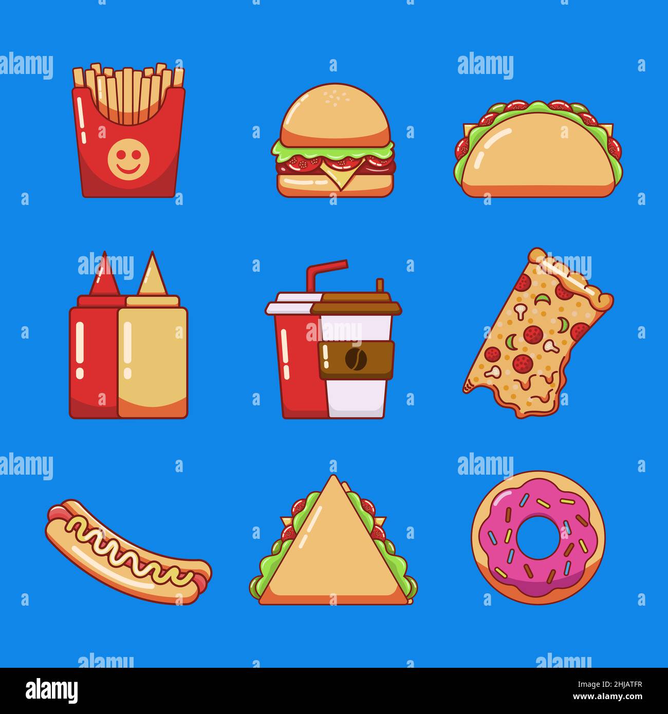 un set di fast food con vari piatti, illustrazione vettoriale Illustrazione Vettoriale