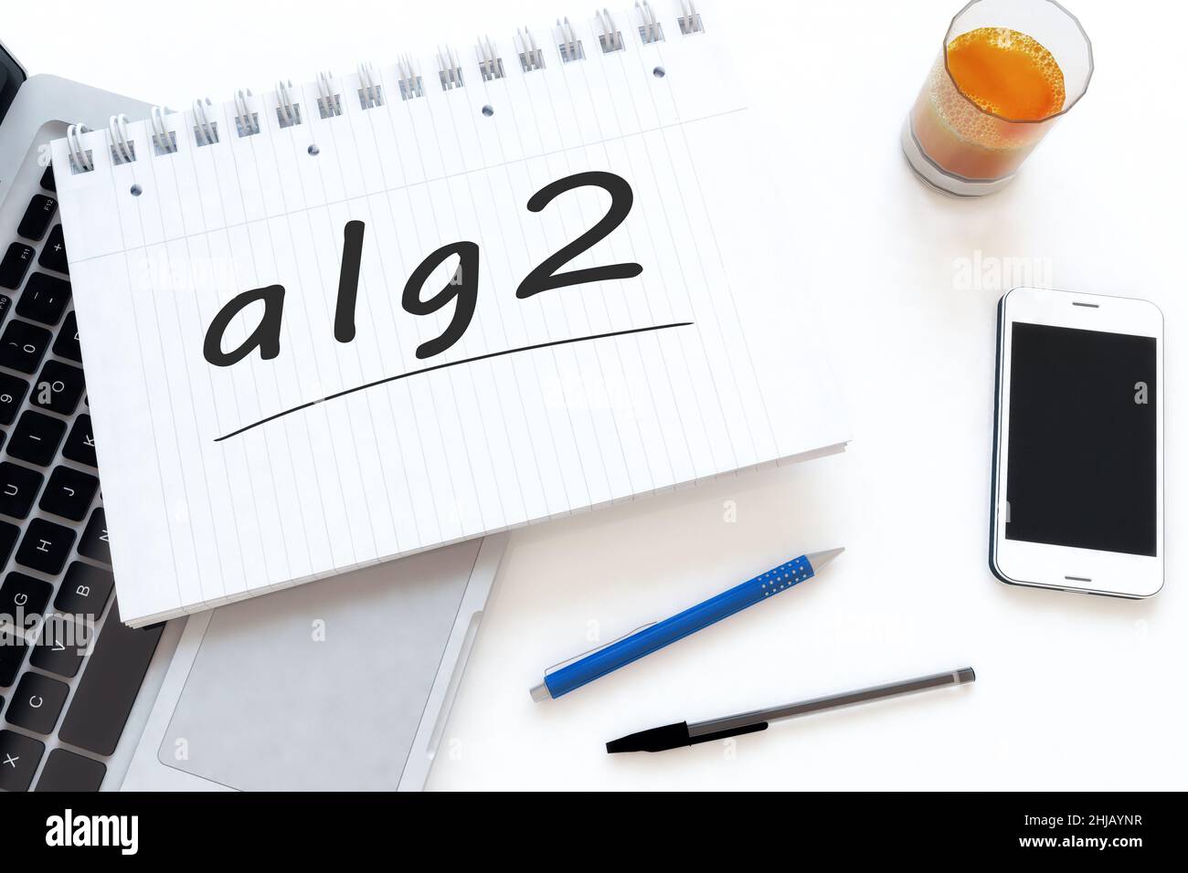 alg2 - Arbeitslosengeld 2 - termine tedesco per l'indennità di disoccupazione o dole money - testo scritto a mano in un taccuino su una scrivania - 3D rappresentazione illustrazione. Foto Stock