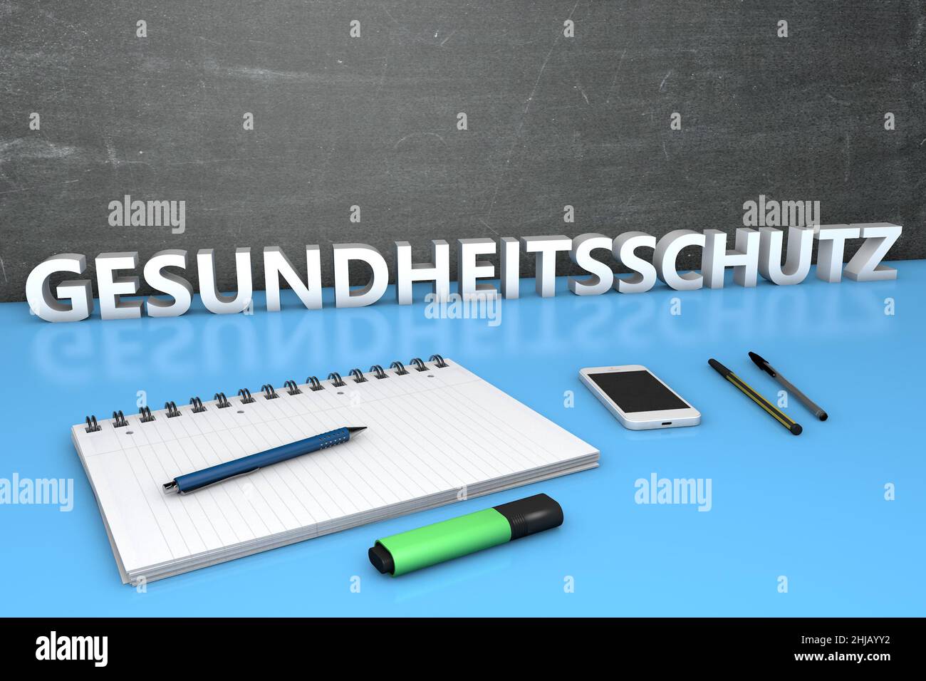 Gesundheitsschutz - termine tedesco per la protezione della salute o della salute - testo concetto con lavagna, notebook, penne e telefono cellulare. 3D rendere illustratore Foto Stock