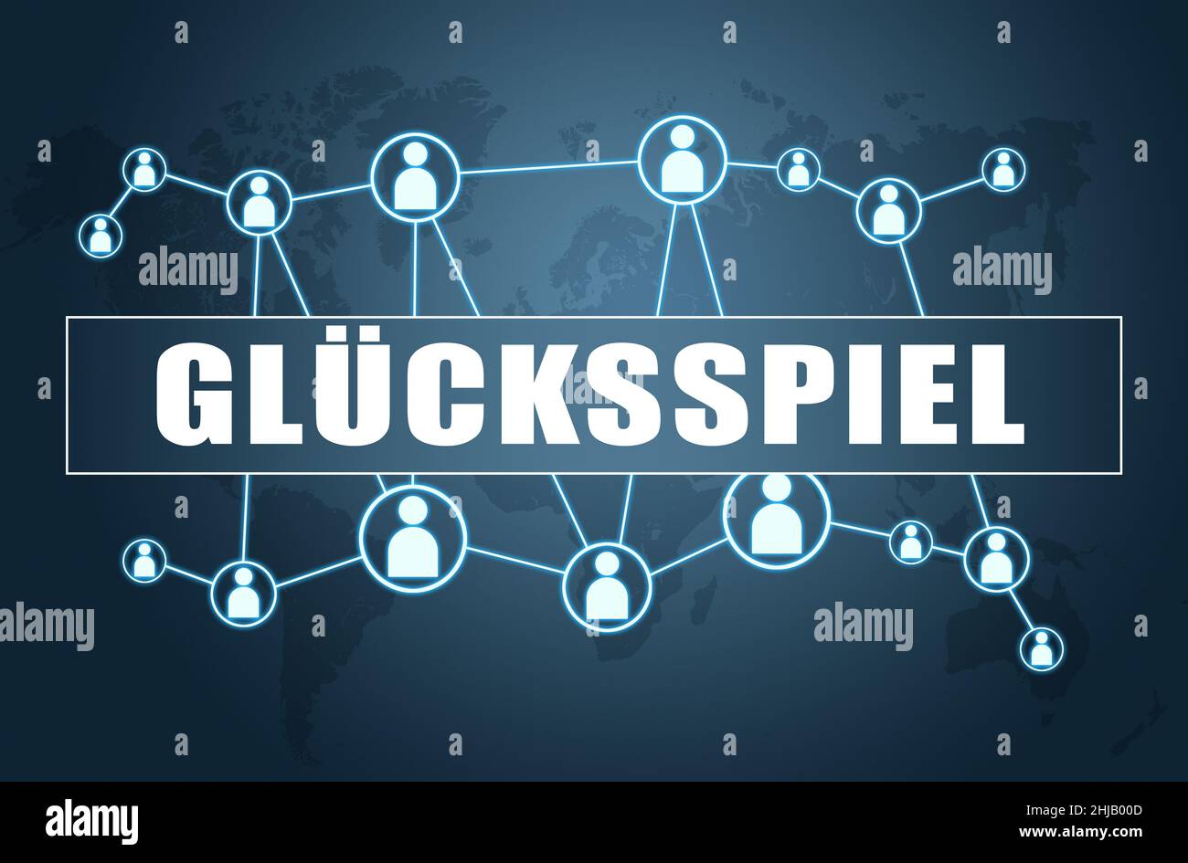 Gluecksspiel - parola tedesca per il gioco d'azzardo o il gioco d'azzardo - testo concetto su sfondo blu con mappa del mondo e icone sociali. Foto Stock