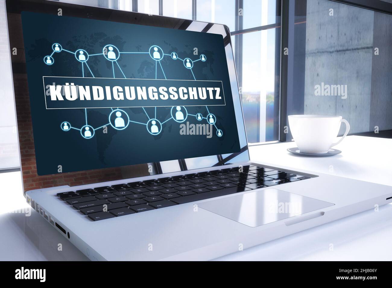 Kündigungsschutz - parola tedesca per la protezione contro il licenziamento. Testo sullo schermo moderno del notebook in ufficio. 3D rendering illustrazione business t Foto Stock