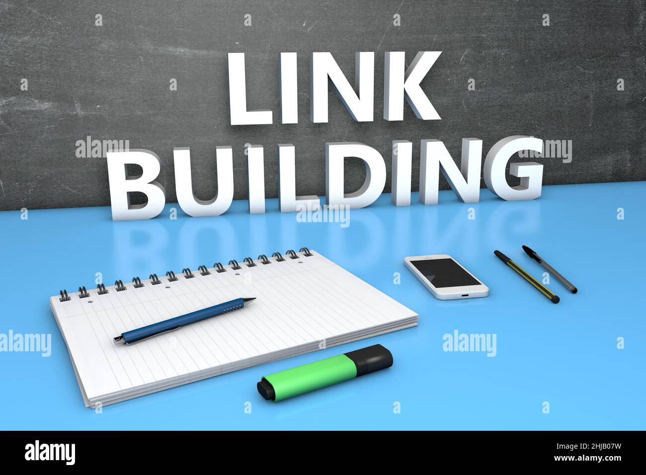 Link Building - concetto di testo con lavagna, notebook, penne e telefono cellulare. 3D rappresentazione illustrazione. Foto Stock