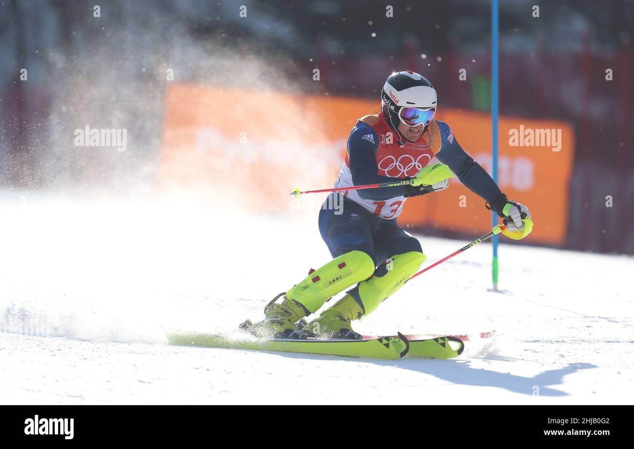 Foto d'archivio del 22-02-2018 del Dave Ryding della Gran Bretagna. Sbarcando la prima medaglia d’oro della Gran Bretagna in assoluto nella Coppa del mondo alpina, i 35 anni sono emersi come un contendente di medaglie in buona fede per Pechino. Data di emissione: Venerdì 28 gennaio 2022. Foto Stock