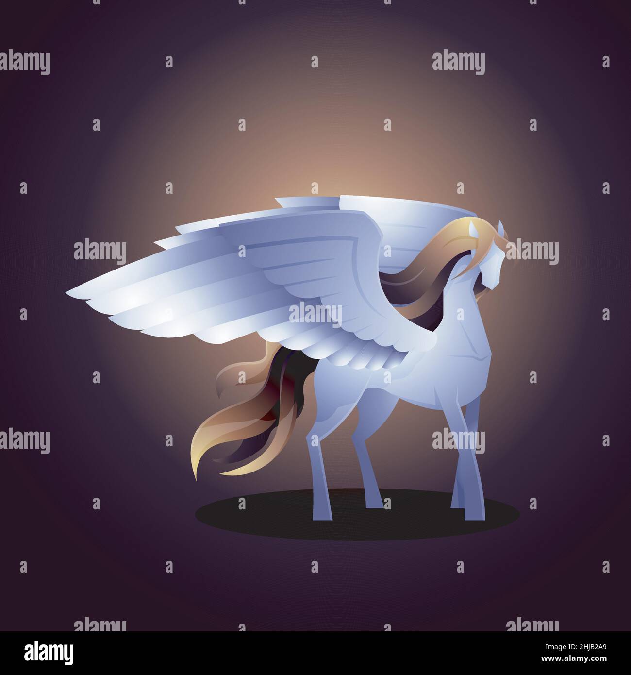 Bella leggenda Pegasus Cavallo alare in piedi spargimento alare Fantasy creatura Cartoon Illustrazione Vettoriale