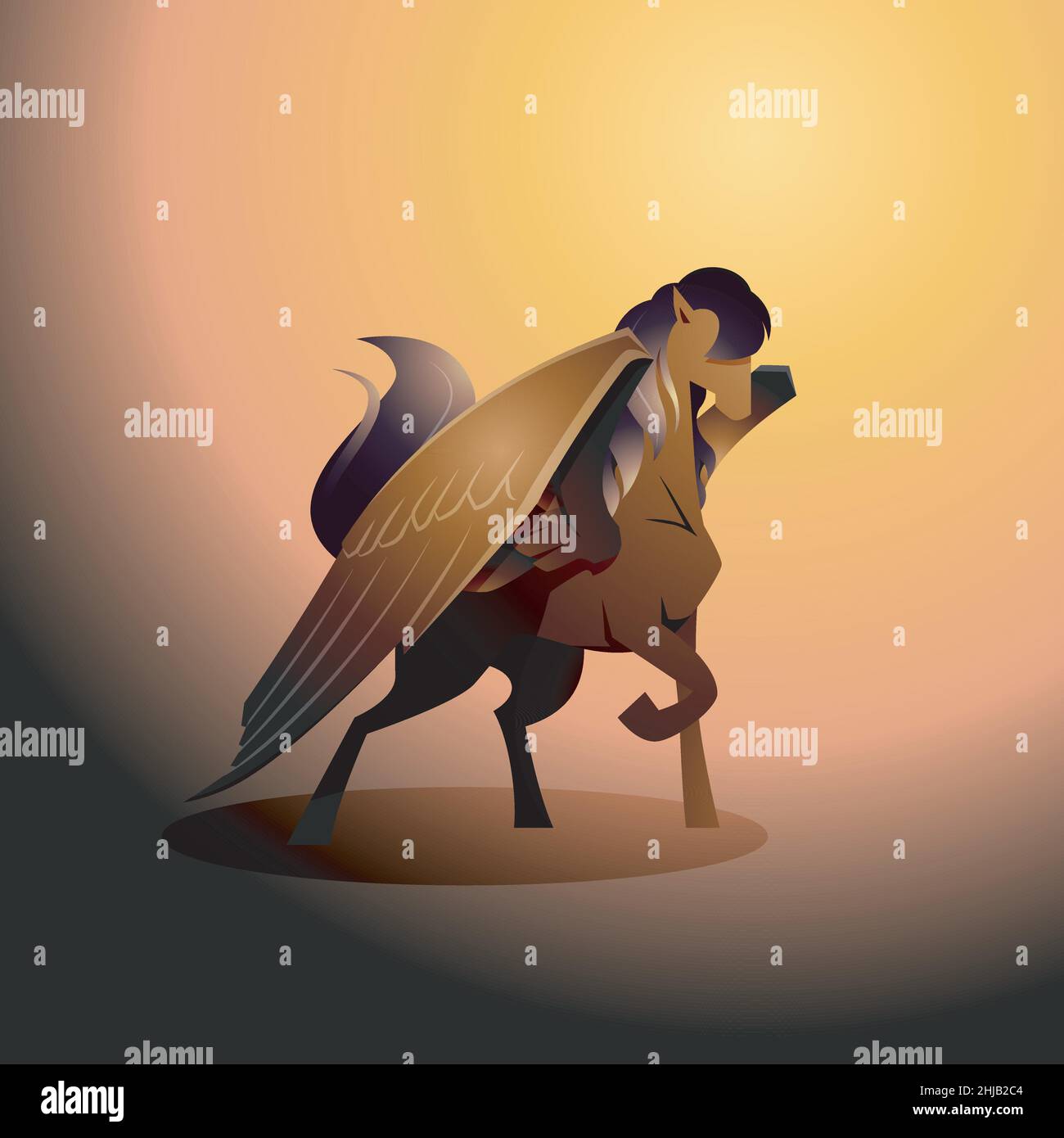 Legend Pegasus Black Winged Horse Standing Wings mitologia Fantasy creature Cartoon Illustrazione Vettoriale
