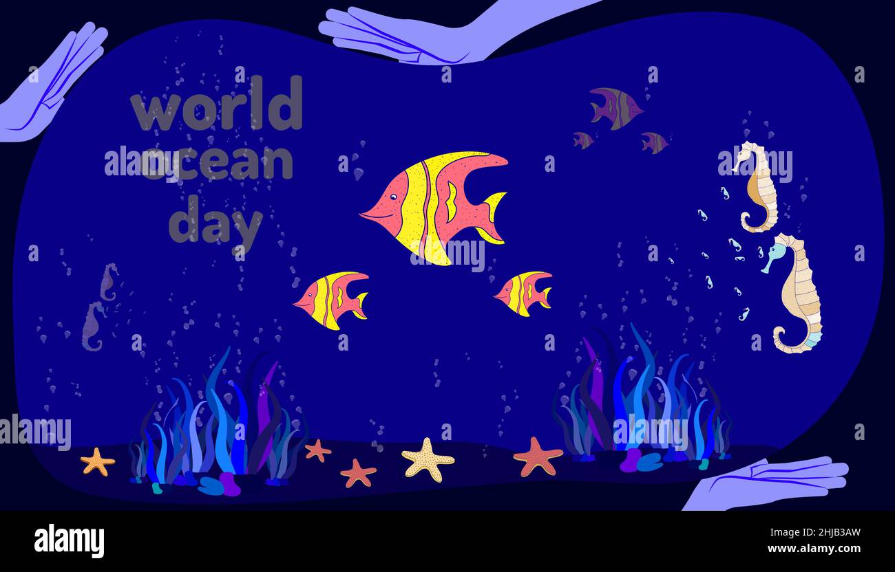 giornata mondiale dell'oceano. la tenuta della mano umana aiuta la vita dei pesci e dei cavalli di mare. doodle disegno a mano colorato stile di disegno. illustrazione vettoriale eps10 Illustrazione Vettoriale