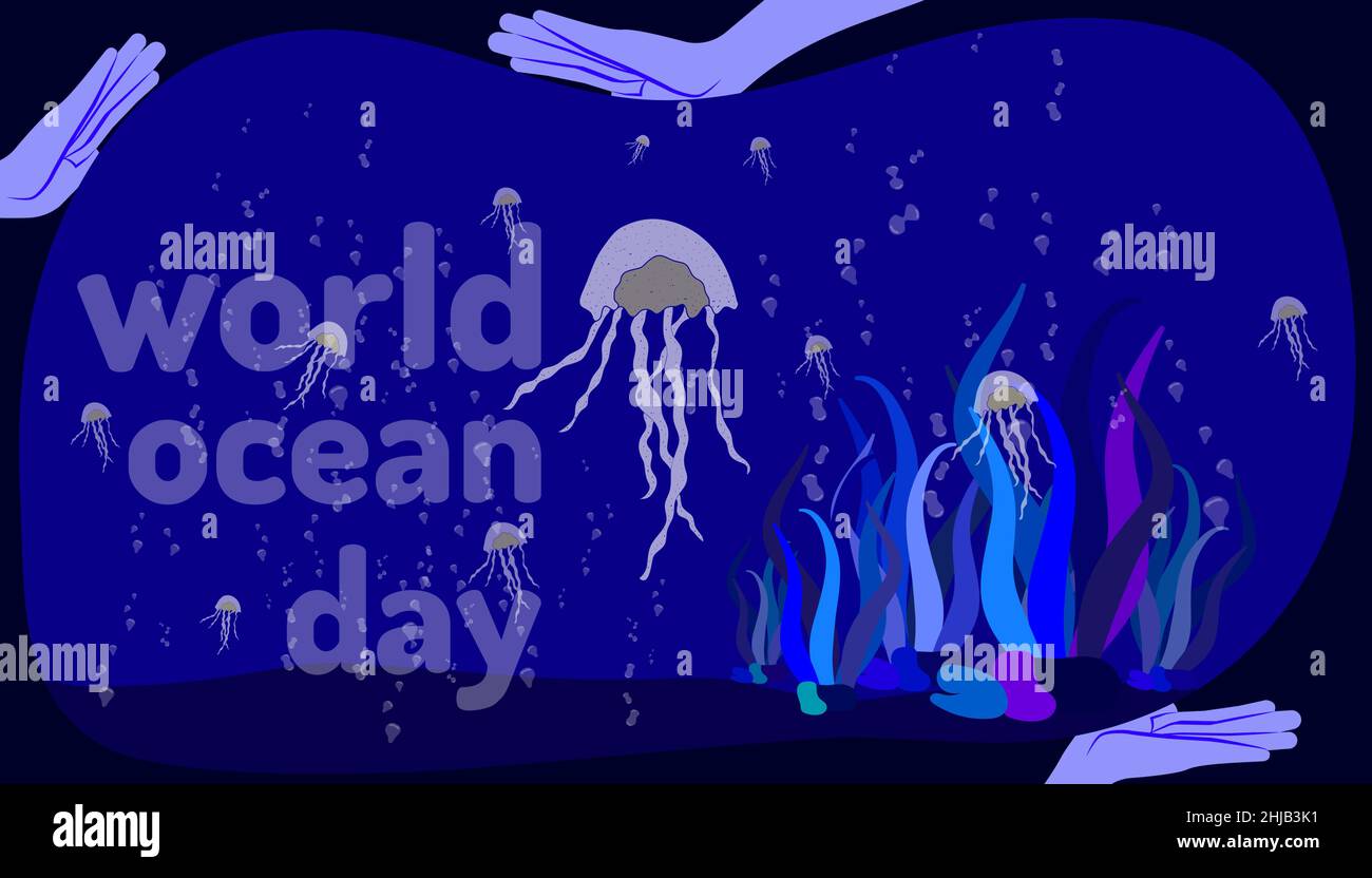 giornata mondiale dell'oceano. mano umana guida medusa medusa medusa medusa medusa vita. doodle disegno a mano colorato stile di disegno. illustrazione vettoriale eps10 Illustrazione Vettoriale