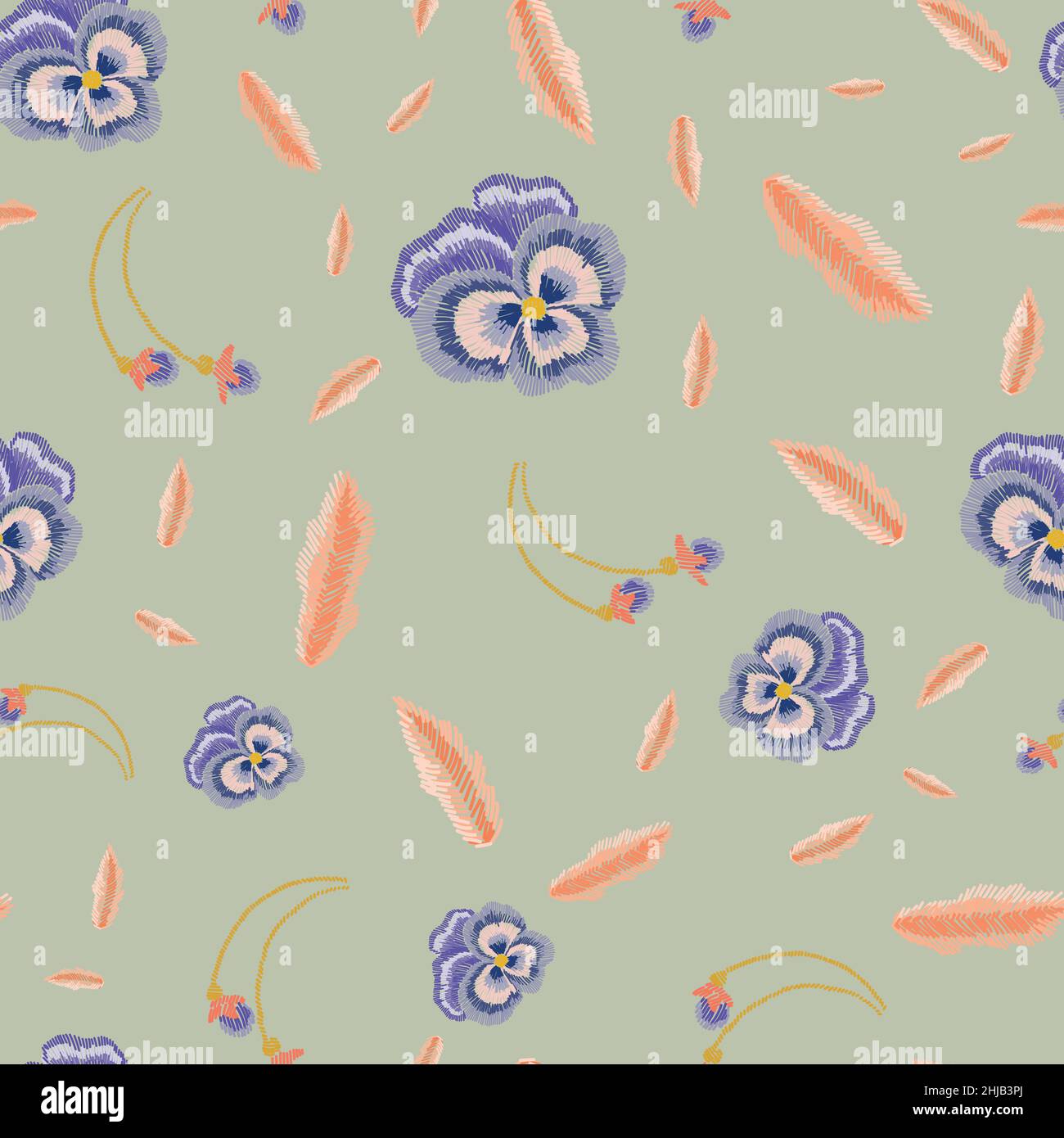 Fiori di viola disegnati a mano in stile ricamo motivo senza cuciture. Illustrazione Vettoriale