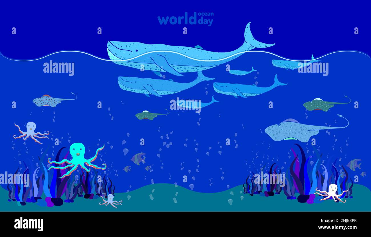 giornata mondiale dell'oceano. vita animale marino. doodle disegno a mano colorato stile di design. illustrazione vettoriale eps10 Illustrazione Vettoriale