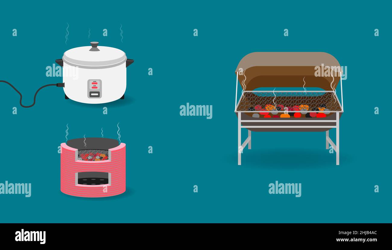 set di attrezzatura da cucina con tostapane serbatoio carbone riso cucina. illustrazione vettoriale eps10 Illustrazione Vettoriale