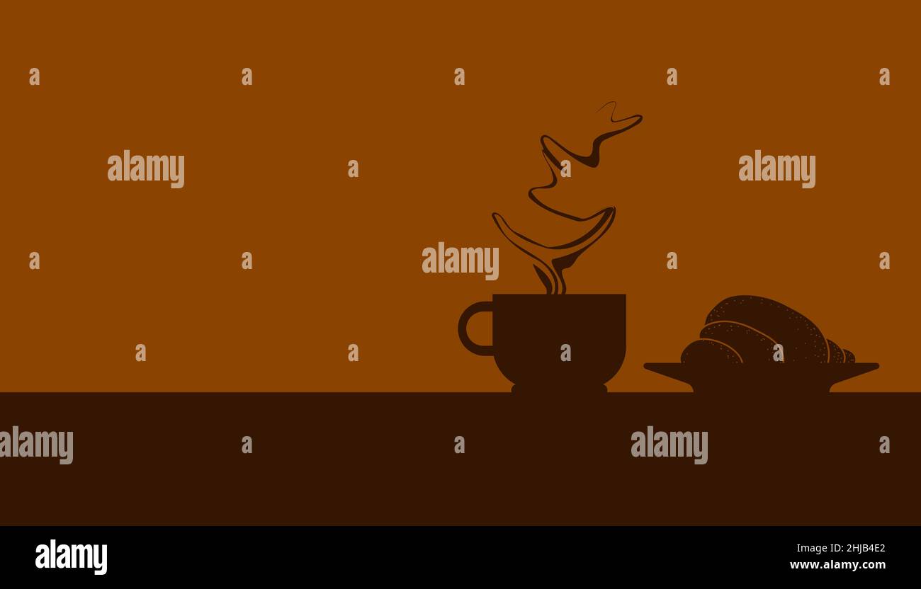 silhouette una tazza di caffè con bel fumo e un croissant. concediti una pausa con la tua bevanda preferita. illustrazione vettoriale eps10 Illustrazione Vettoriale