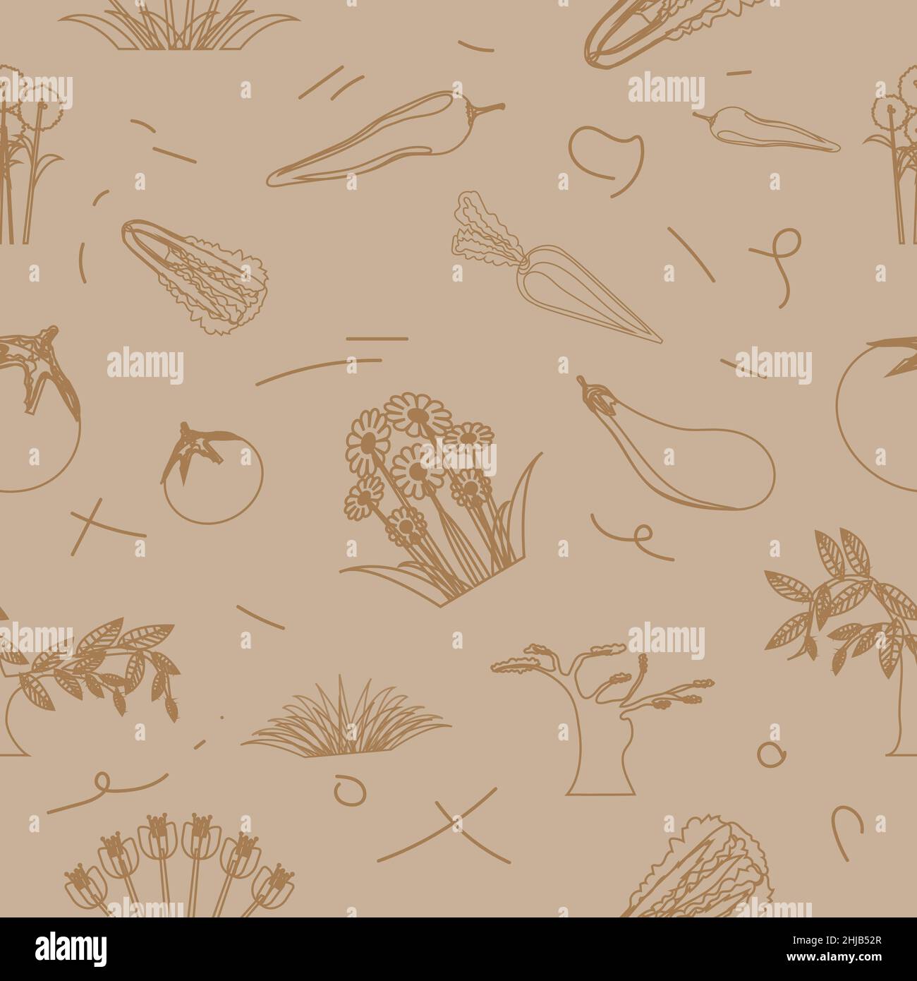 modello senza cuciture set di verdure e fiori. stile di design doodle. illustrazione vettoriale eps10 Illustrazione Vettoriale
