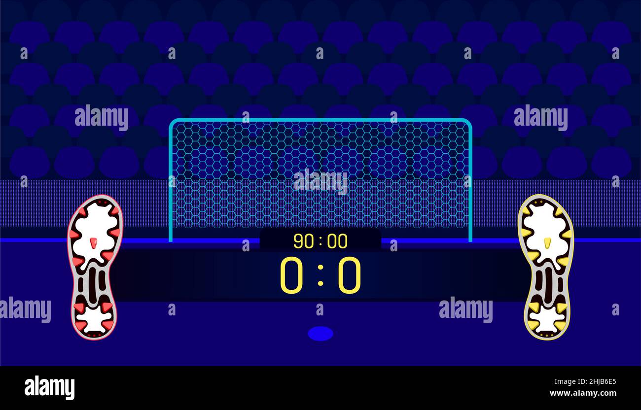 calcio campo. calcio scarpe diverse squadra partita mostra nome bar tempo e punteggio sul punto centrale. un gol di fronte alla sedia fan club. bel colore bac Illustrazione Vettoriale