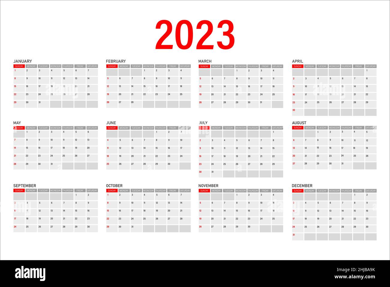 Calendario per il 2023 su sfondo bianco. Calendario mensile per il 2023. La settimana inizia la domenica Illustrazione Vettoriale
