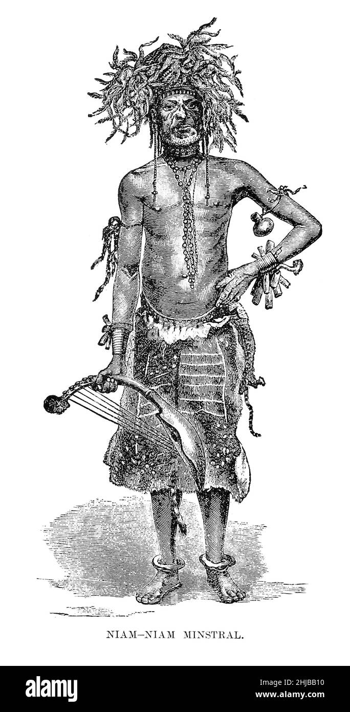 Niam-Niam [Minstral] dal libro Stanley in Africa. Le meravigliose scoperte e le emozionanti avventure del grande esploratore africano, e di altri viaggiatori, pionieri e missionari di James Penny Boyd, Editore: Philadelphia, Pa.; St. Louis, Mo., P. W. Ziegler & co nel 1889 Foto Stock