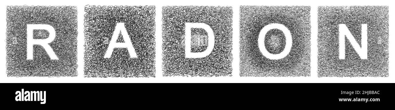 Il gas radon il testo scritto a mano con simbolo ortografica infografico - Concetto di immagine. Foto Stock