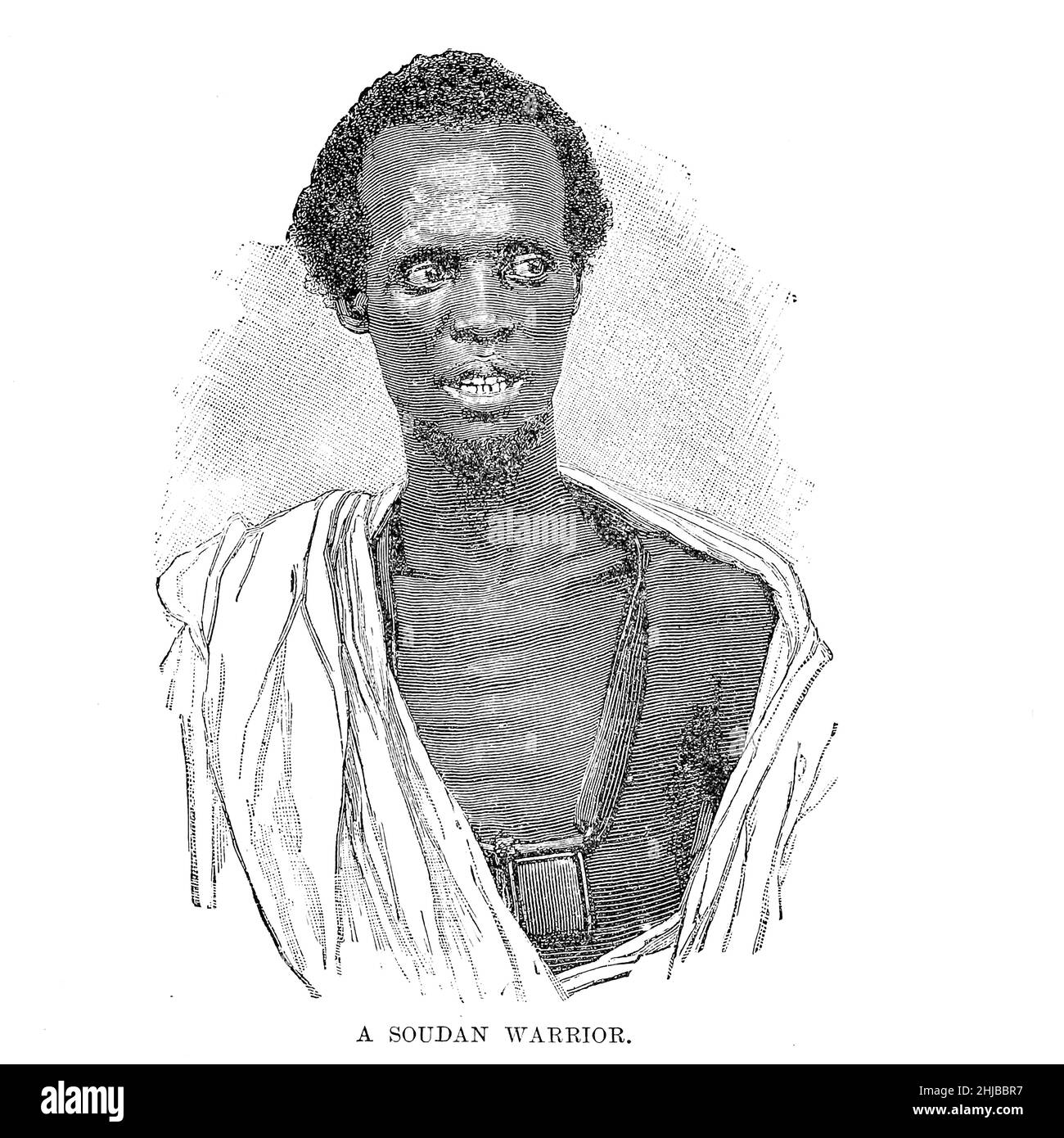 Soudan [Sudan] Guerriero dal libro Stanley in Africa. Le meravigliose scoperte e le emozionanti avventure del grande esploratore africano, e di altri viaggiatori, pionieri e missionari di James Penny Boyd, Editore: Philadelphia, Pa.; St. Louis, Mo., P. W. Ziegler & co nel 1889 Foto Stock