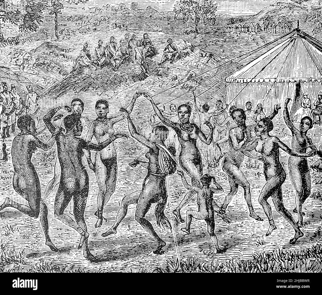 Danza nativa dal libro Stanley in Africa. Le meravigliose scoperte e le emozionanti avventure del grande esploratore africano, e di altri viaggiatori, pionieri e missionari di James Penny Boyd, Editore: Philadelphia, Pa.; St. Louis, Mo., P. W. Ziegler & co nel 1889 Foto Stock