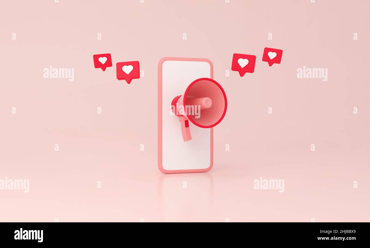 Smartphone, Megaphone e icona del cuore simile su sfondo rosa minimale. Concetto vocale femminile. 3D rendering. Foto Stock