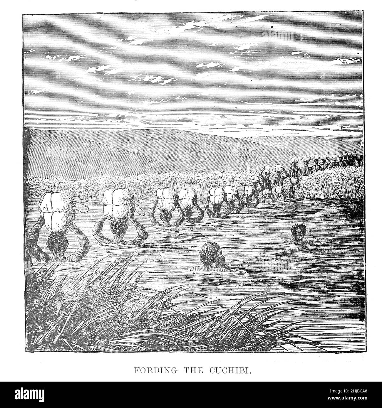 Fording il fiume Cuchibi dal libro Stanley in Africa. Le meravigliose scoperte e le emozionanti avventure del grande esploratore africano, e di altri viaggiatori, pionieri e missionari di James Penny Boyd, Editore: Philadelphia, Pa.; St. Louis, Mo., P. W. Ziegler & co nel 1889 Foto Stock