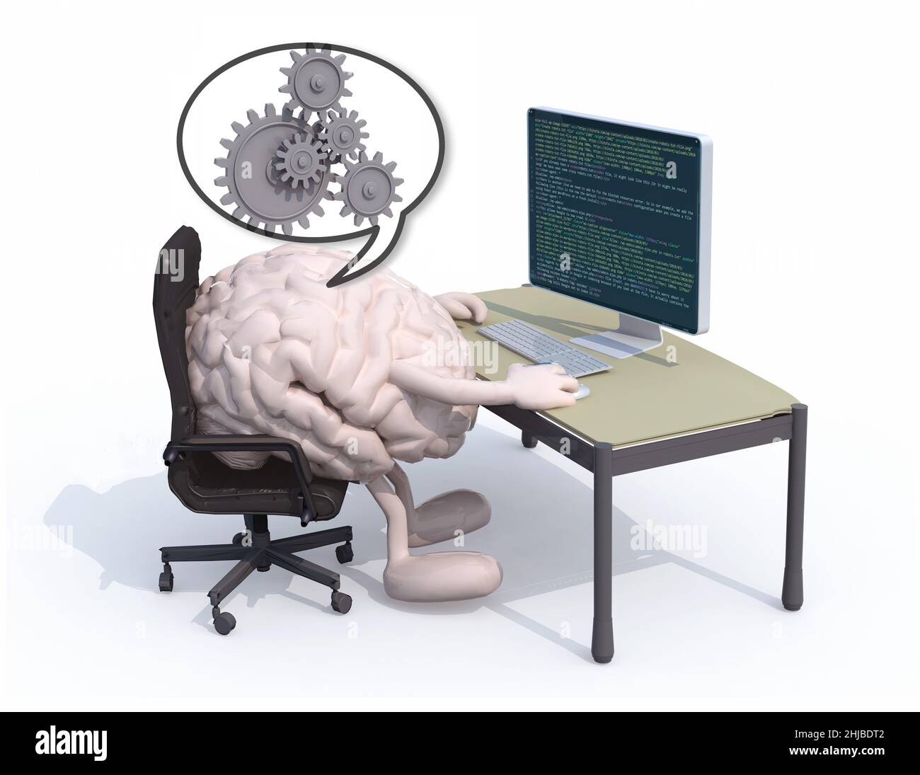 cervello umano con braccia e gambe sulla scrivania di fronte al computer, illustrazione 3d Foto Stock